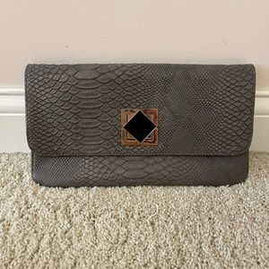 Gray leather alligator print clutch